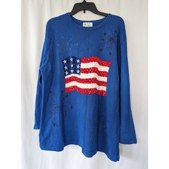 Women's Vintage Quacker Factory USA Flag 4th Of July Sweater Size 1X Patriotic - Picture 1 of 10